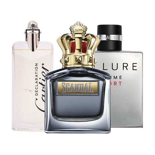 Conjunto de 3 perfumes Allure Homme Sports, Jean Paul Gaultier Scandal, Cartier Declaration 100ml
